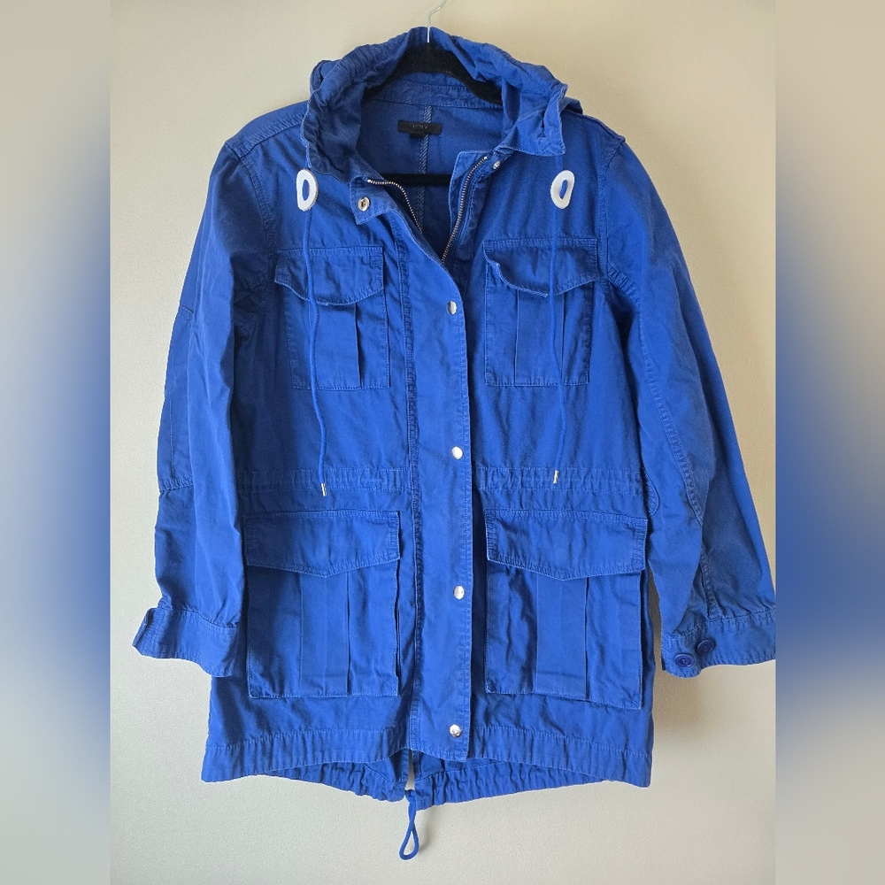Jcrew  womens midlengtth trenchcoat jacket hoodie cargo pockets, small, blue